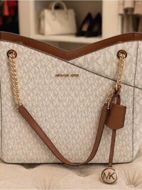 Michael Kors Beige Monogram Tote with Brown Trim and Gold Hardware